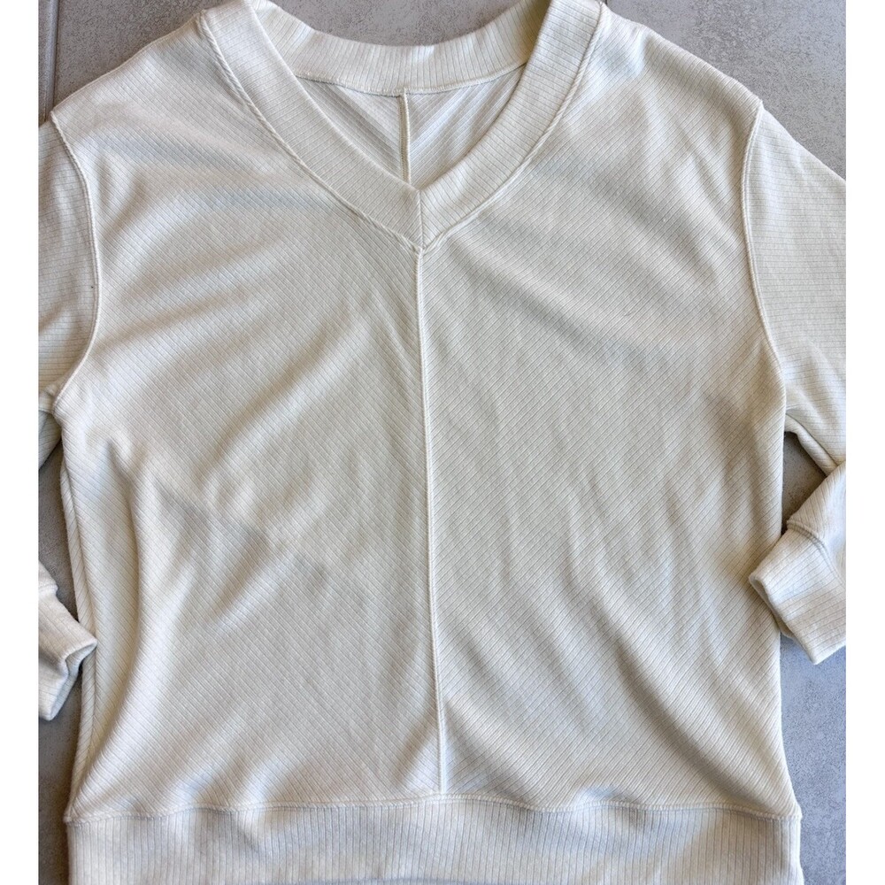 P.TULA Women's M Ribbed Knit V-Neck Pullover Sweater Ivory Long Sleeve - Picture 2 of 8